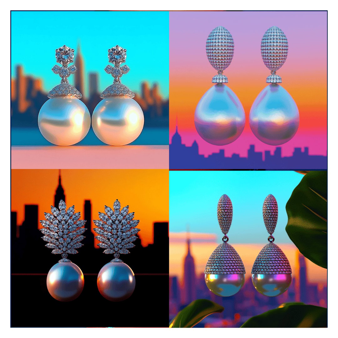 Four-panel grid of rendered pearl and diamond drop earrings, each pair set against a different skyline at dusk.