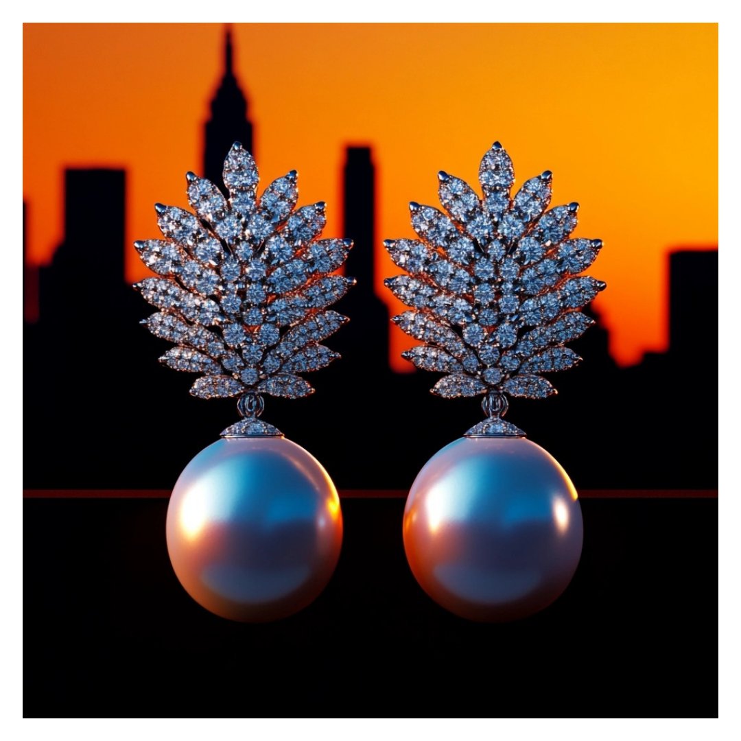 Rendered pair of earrings with fan-shaped tops of marquise and round diamonds above pale pinkish-cream pearls, against an orange sunset skyline.