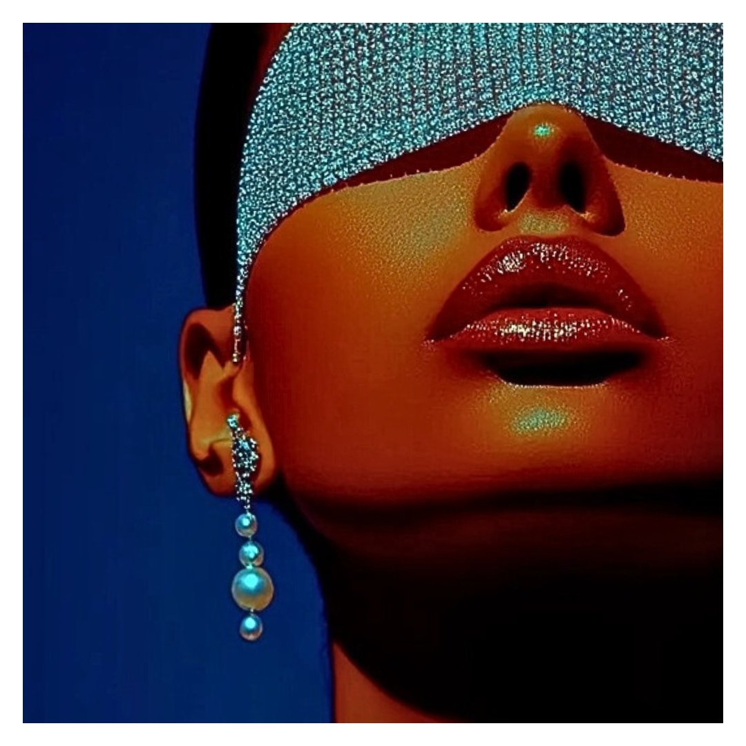 Close crop of a stylized face from nose to chin, eyes covered by a glittering teal-silver band, with a diamond ear cuff and a drop of graduated pearls.
