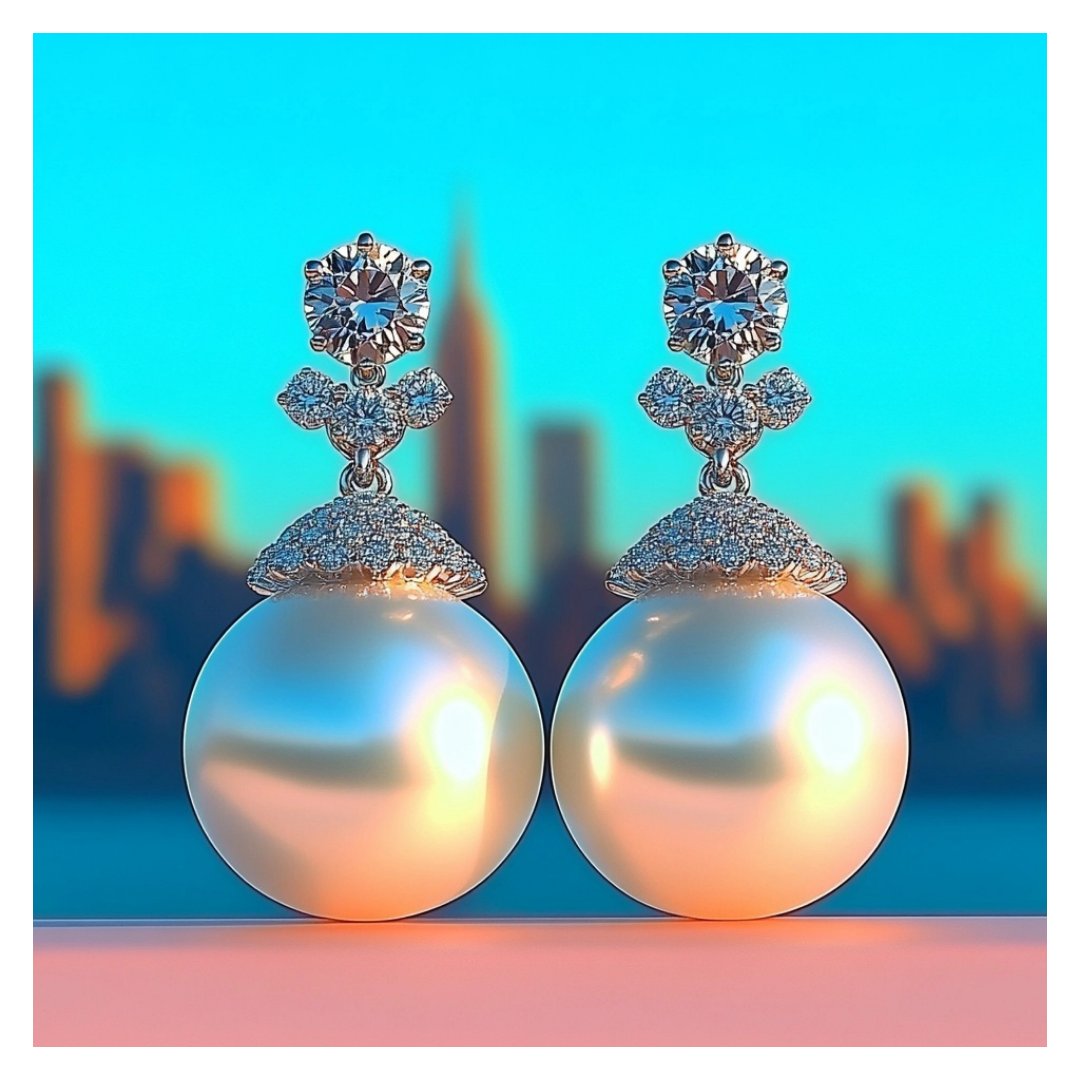 Rendered pair of drop earrings with a round diamond top, a three-stone cluster and a pavé cap holding a large white pearl, in front of a blurred skyline under a cyan sky.