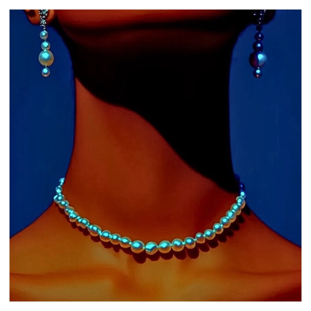 Stylized close-up of a neck and shoulders wearing a choker-length pearl strand and two pearl drop earrings, one light and one dark, against deep blue.