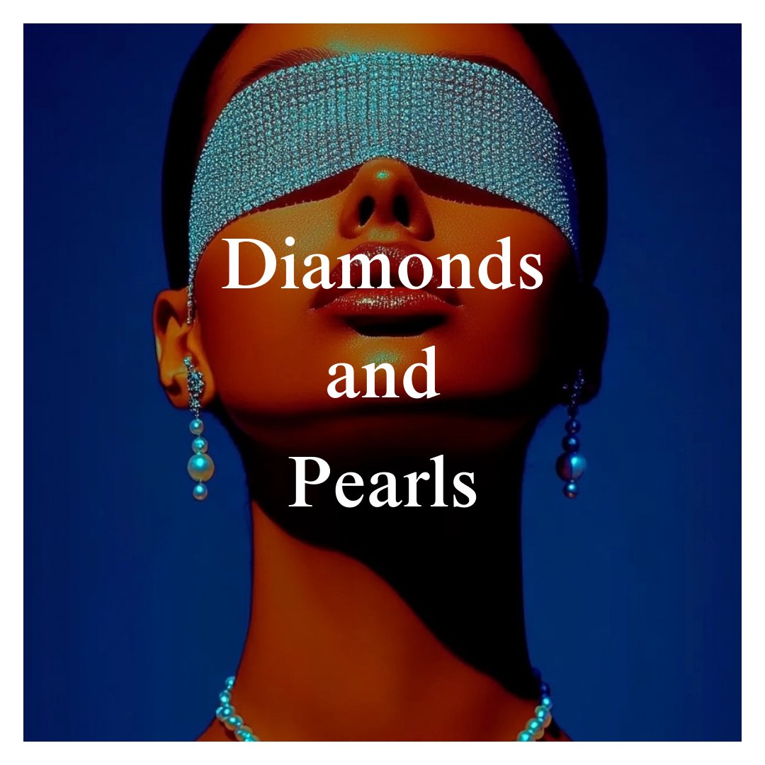 Stylized portrait of a woman wearing a sparkling crystal blindfold and pearl earrings against a deep blue background, with the words Diamonds and Pearls in white.