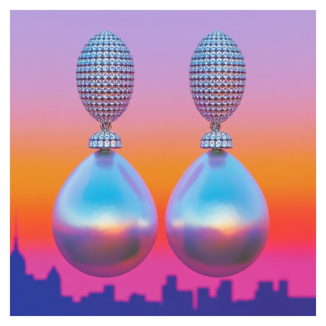 Rendered pair of earrings with oval pavé tops, pavé collars and large teardrop pearls against a lavender-to-magenta sunset and a dark city silhouette.