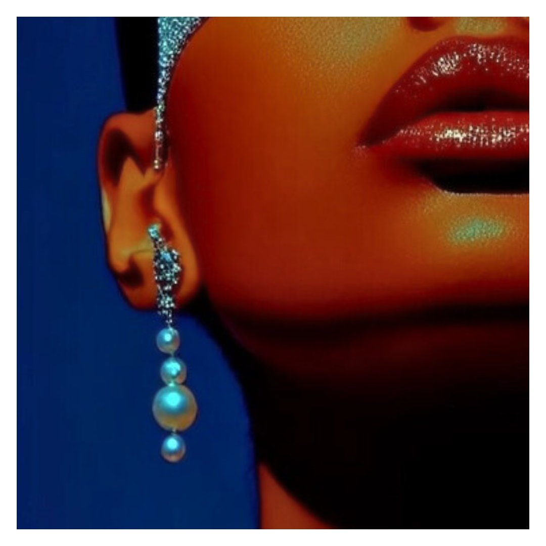 Tight digital close-up of an ear and cheek with a pavé ear cuff and a dangling earring of four graduated pearls against royal blue.