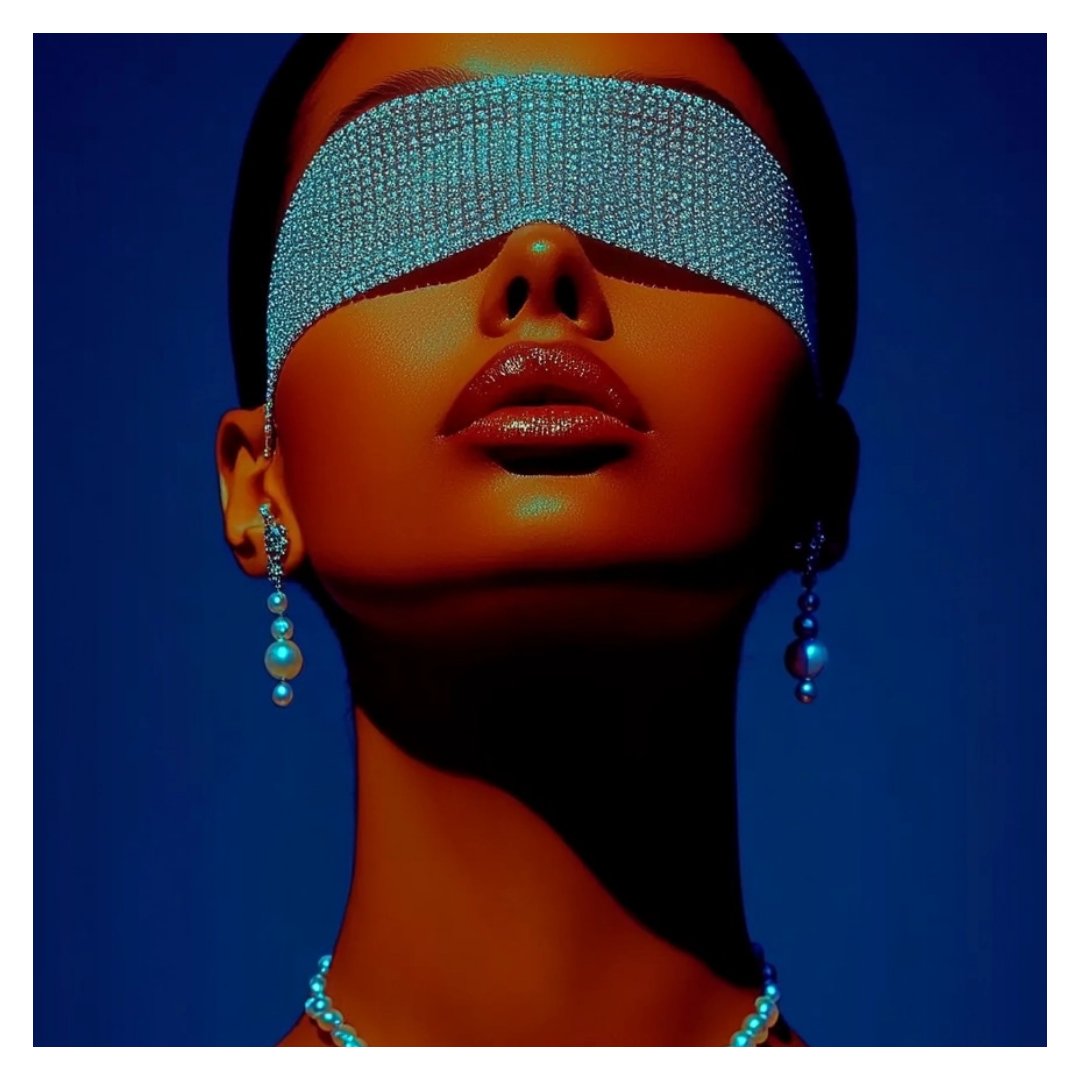 Stylized digital portrait of a woman with a sparkling crystal-mesh blindfold, pearl drop earrings and a pearl necklace against a deep blue background.