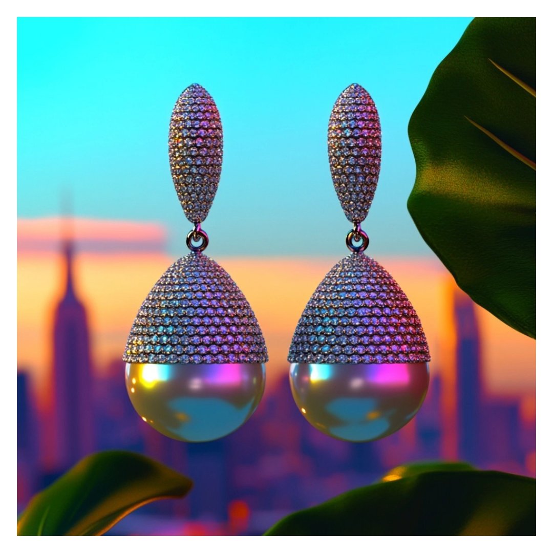 Rendered pair of earrings with elongated pavé tops and pavé cones capping iridescent pearls, against a dusk skyline framed by tropical leaves.